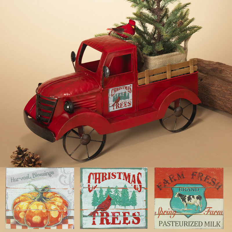 The Holiday Aisle Antique Red Metal Vintage Truck With Christmas Tree Decor Wayfair